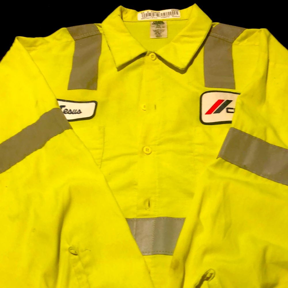 Neon yellow work shirt, size 2XL, long sleeve button shirt, reflective strips